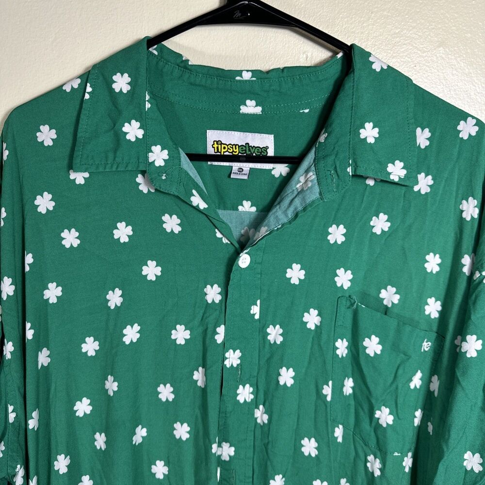 Tipsy Elves XXL Shamrock Green Button Up Short Sleeve Men’s Shirt Green White